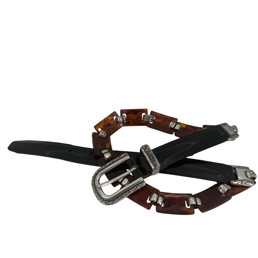 Brighton Black Leather Tortoise Link Belt Silver Scroll Buckle Boho Western Boho